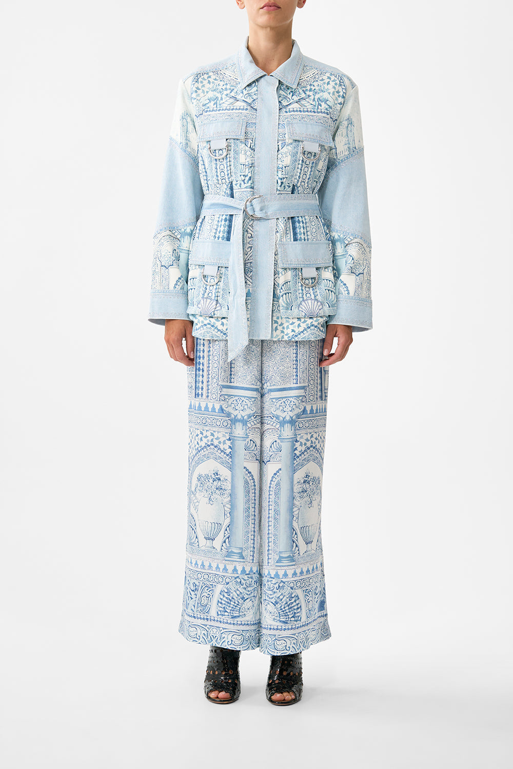 The CAMILLA patch pocket jacket in our print The Hum of the Alhambra. Front model view.