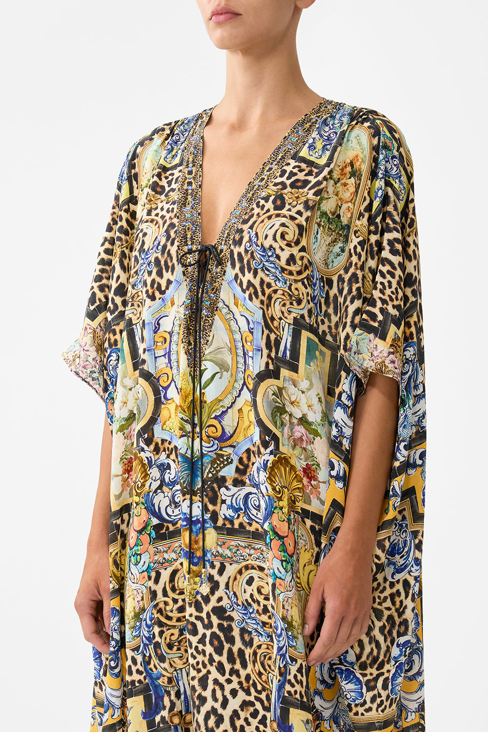 The CAMILLA DOUBLE FRILL SLEEVE MIDI DRESS A TILED WONDERLAND in our  print.