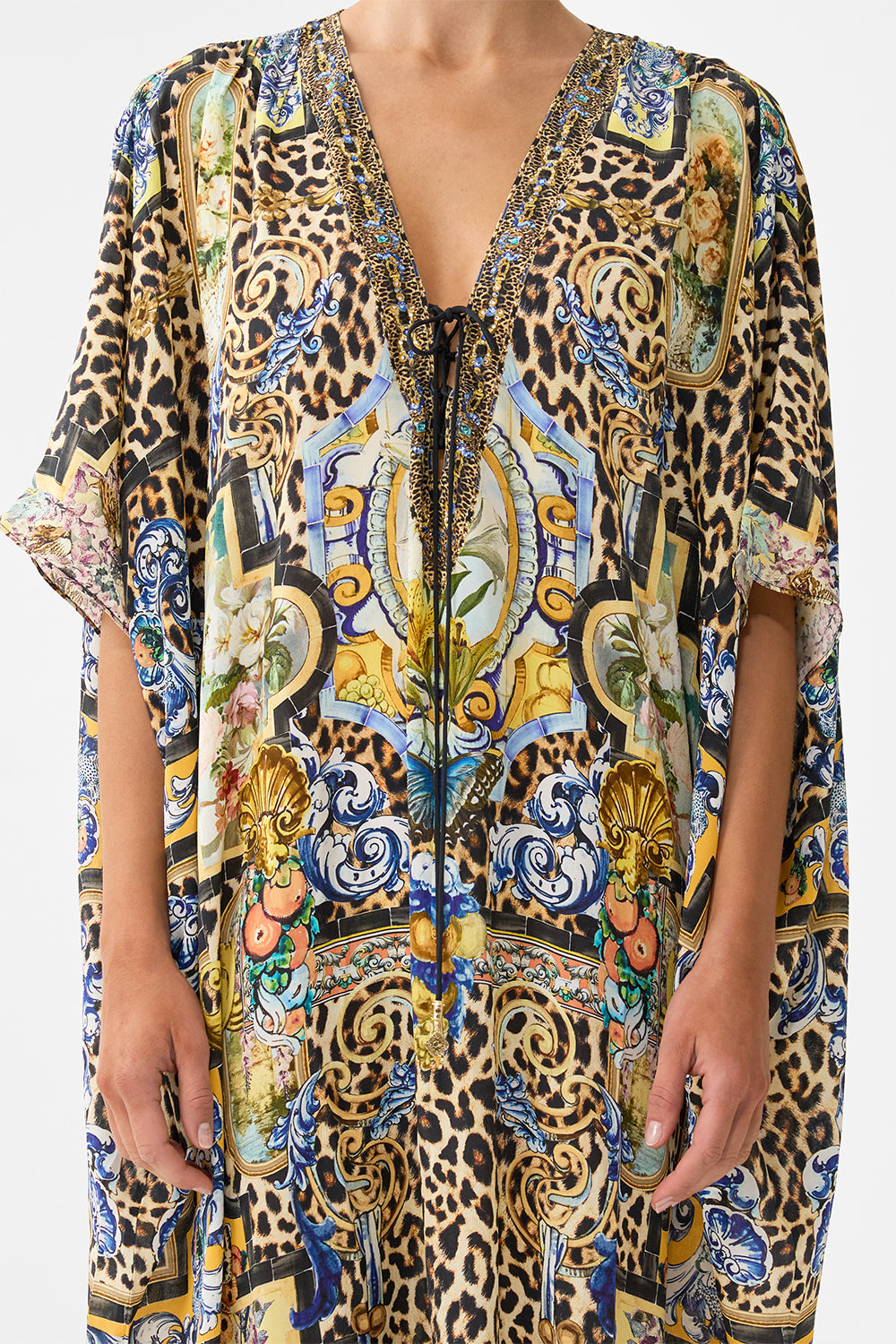 The CAMILLA DOUBLE FRILL SLEEVE MIDI DRESS A TILED WONDERLAND in our  print.