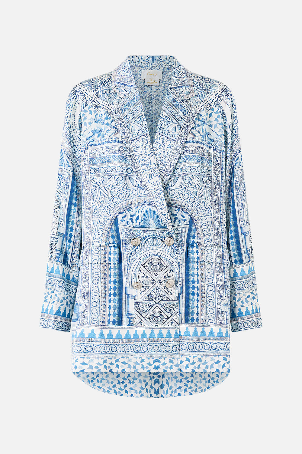 The CAMILLA LONG SARONG WITH GATHERED TAB AND LEG SPLIT THE CALL OF CATALONIA in our  print.