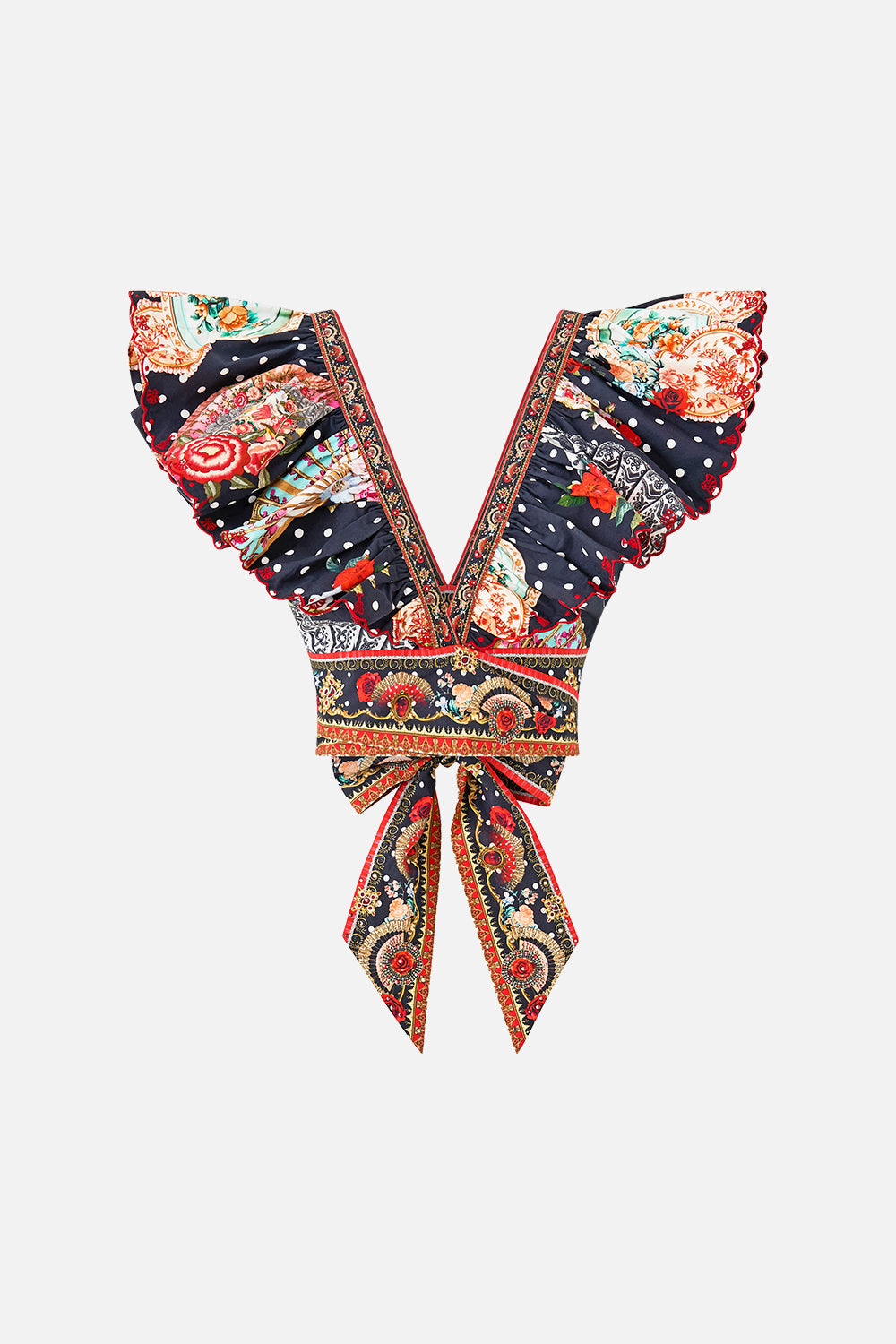 The CAMILLA LARGE CRYSTALLED SILK SQUARE SCARF VA VA VINTAGE in our VA VA VINTAGE print.
