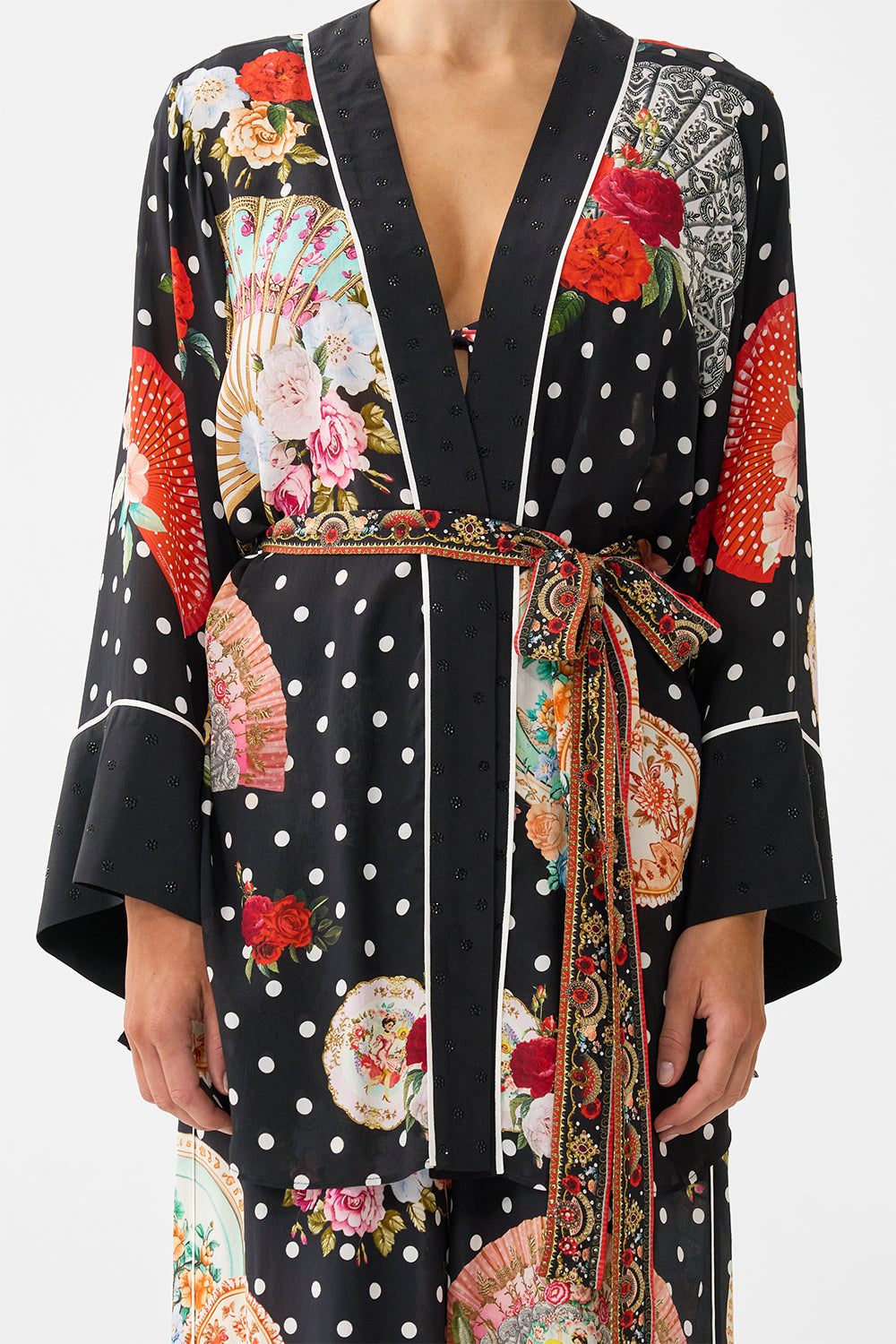 The CAMILLA LONG KAFTAN WITH WAIST DETAIL CERAMIC PANORAMIC in our  print.