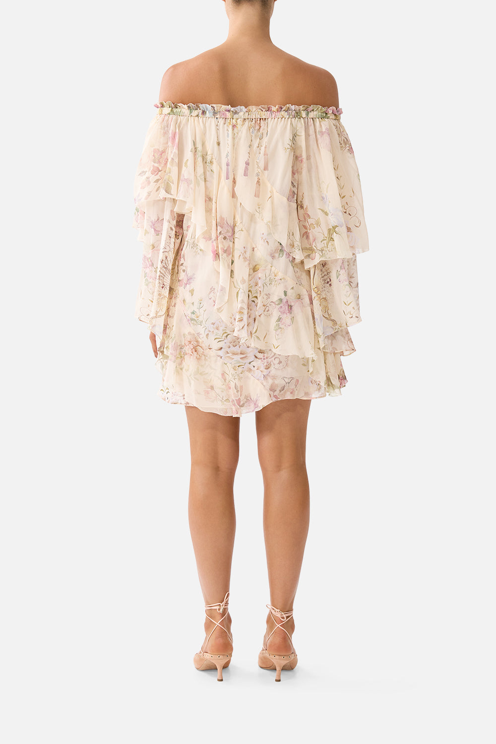 OFF SHOULDER ASSYMETRIC RUFFLE DRESS ADORNED IN ARANJUEZ