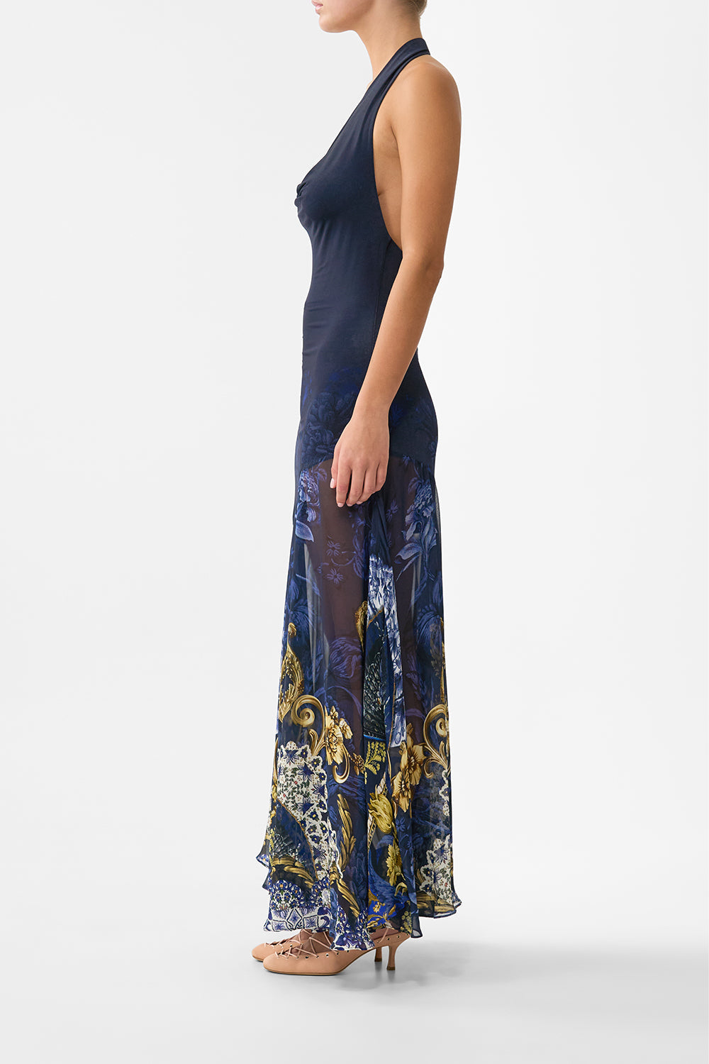 The CAMILLA SHAPED WAISTBAND DRESS WITH FLUTTER SLEEVES ESPAÑA NIRVANA in our  print.