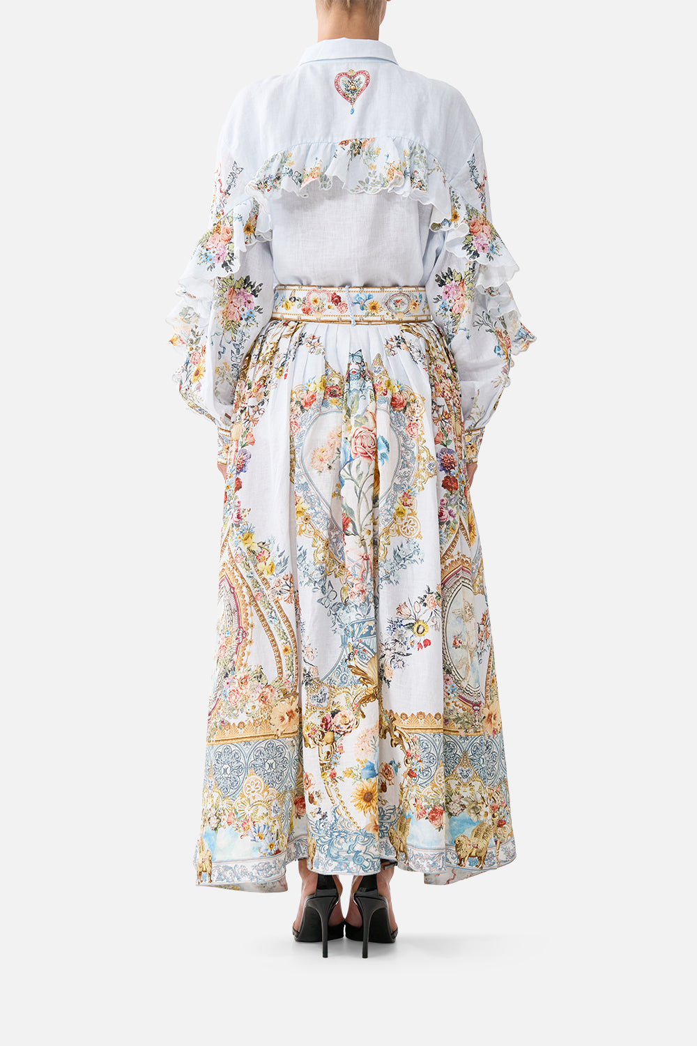 The CAMILLA button shirt with frill detail in our print Seville Sweetheart. Back model view.