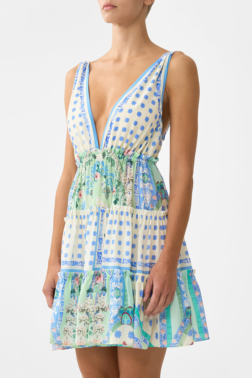 The CAMILLA BOYS MID LENGTH BOARDSHORT WITH ELASTIC WAIST AZUL ARISTOCRACY in our  print.