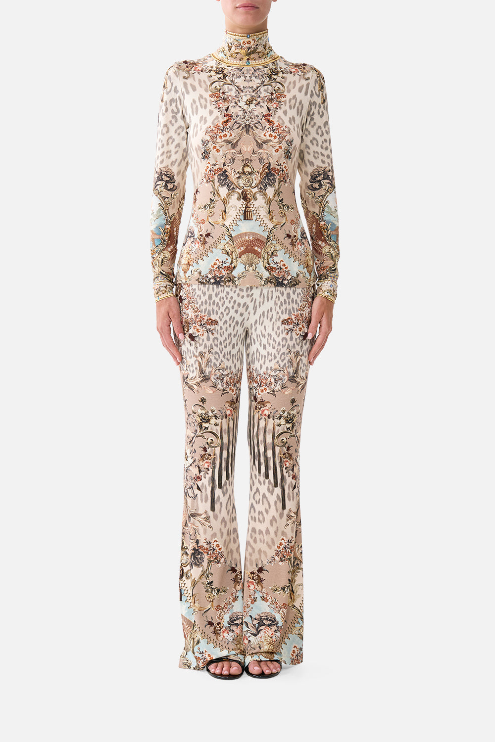 The CAMILLA high waisted flared trouser in our print Aranjuez Animalia. Front model view.