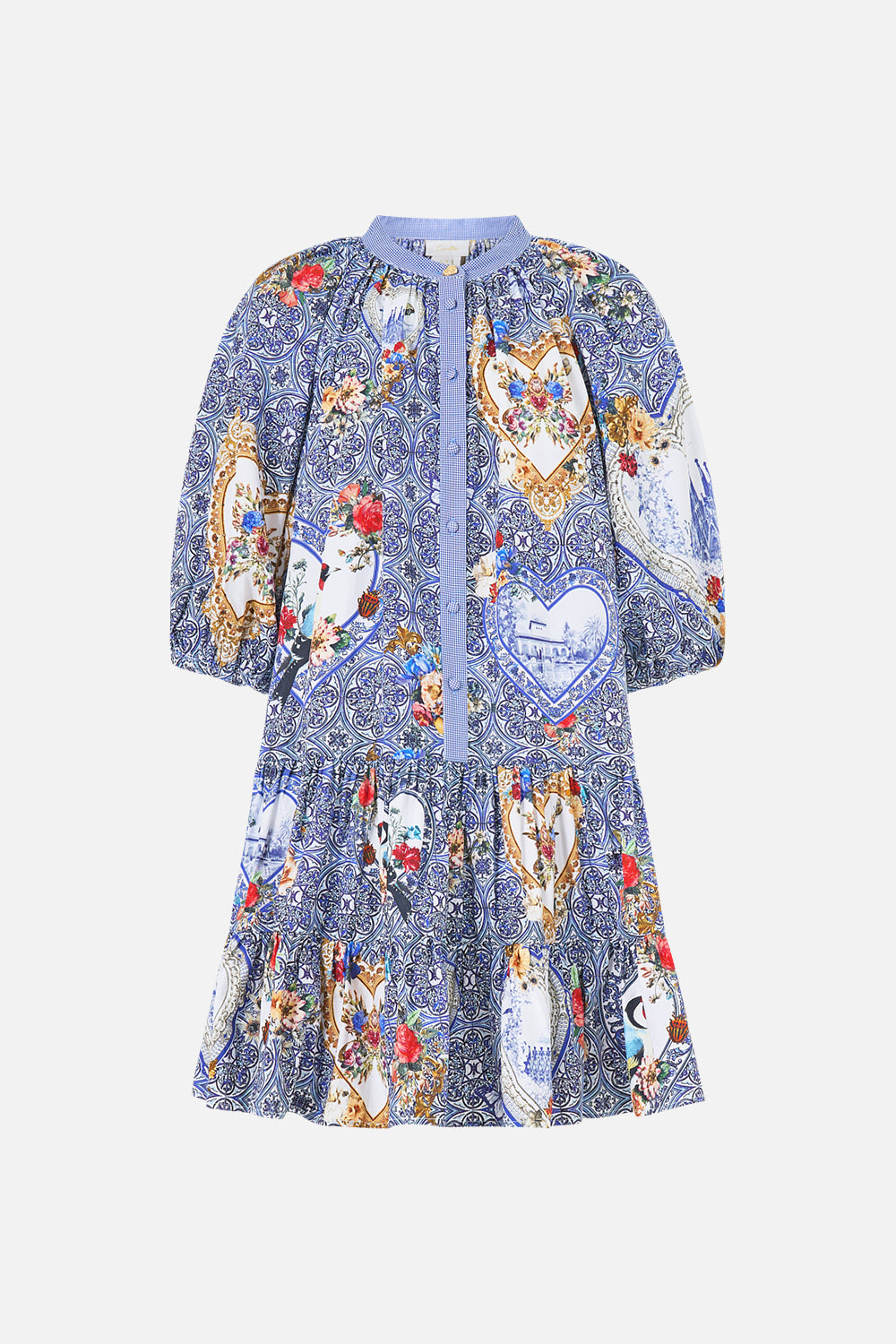 The CAMILLA WOVEN SHORT SARONG WITH LONG FRINGE TRIM DAUGHTERS OF DUENDE in our  print.