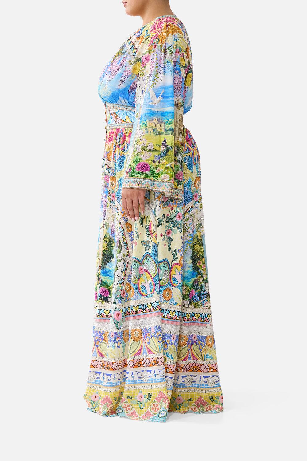 The CAMILLA kimono sleeve dress with shirring detail in our print Navàs Nouveau.