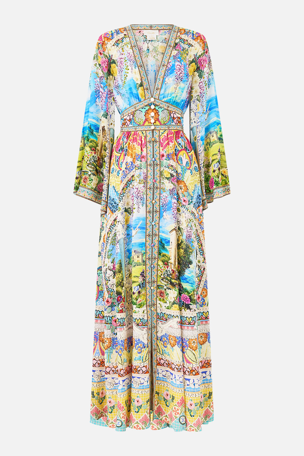 The CAMILLA kimono sleeve dress with shirring detail in our print Navàs Nouveau. Front view.