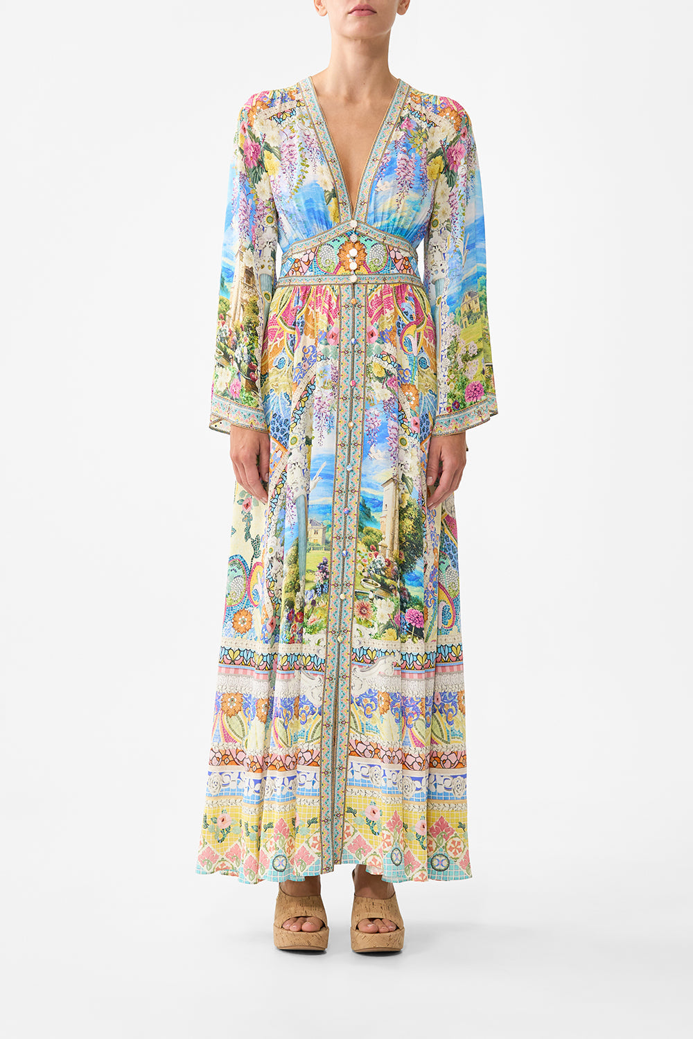 The CAMILLA kimono sleeve dress with shirring detail in our print Navàs Nouveau. Front model view.