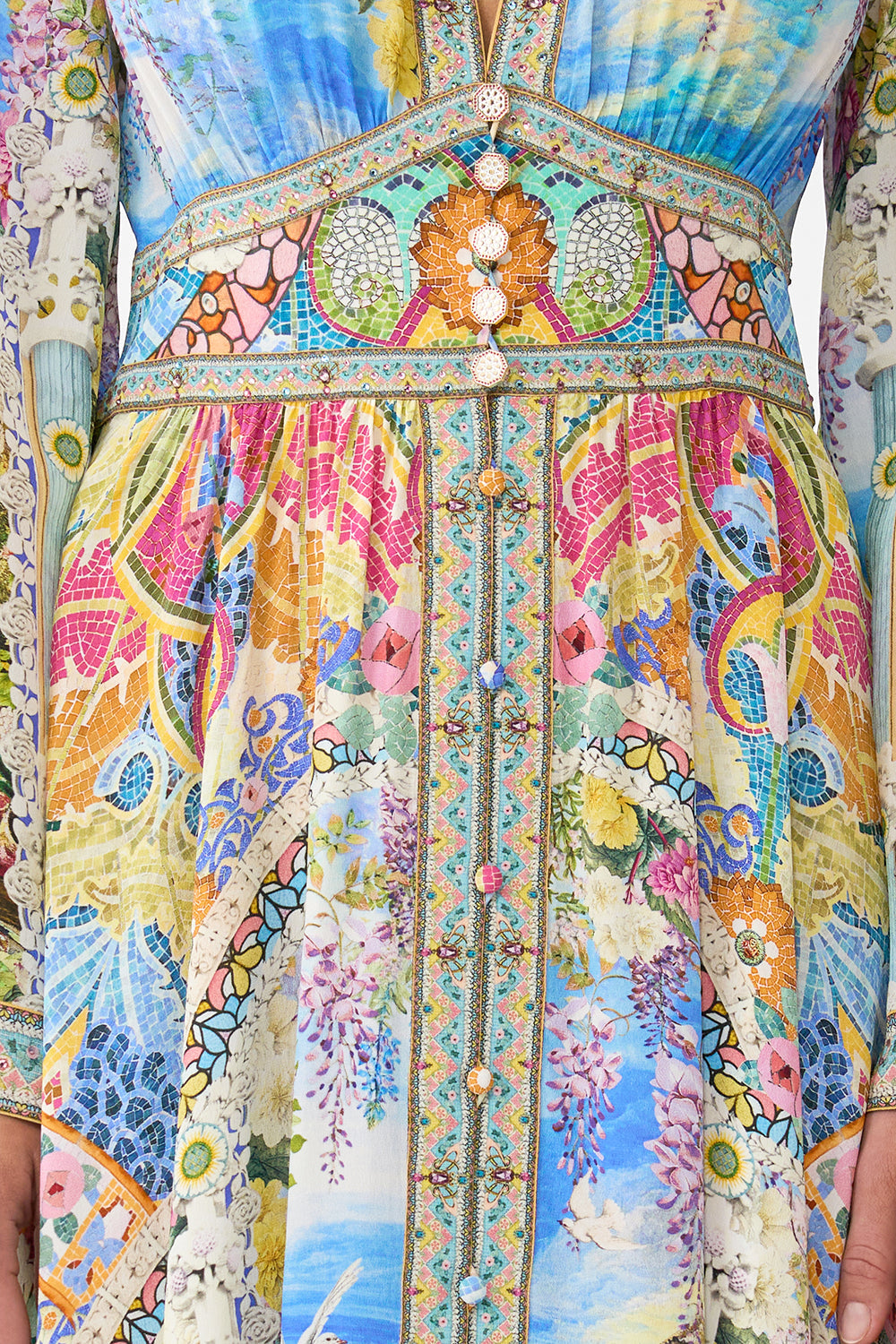The CAMILLA kimono sleeve dress with shirring detail in our print Navàs Nouveau.