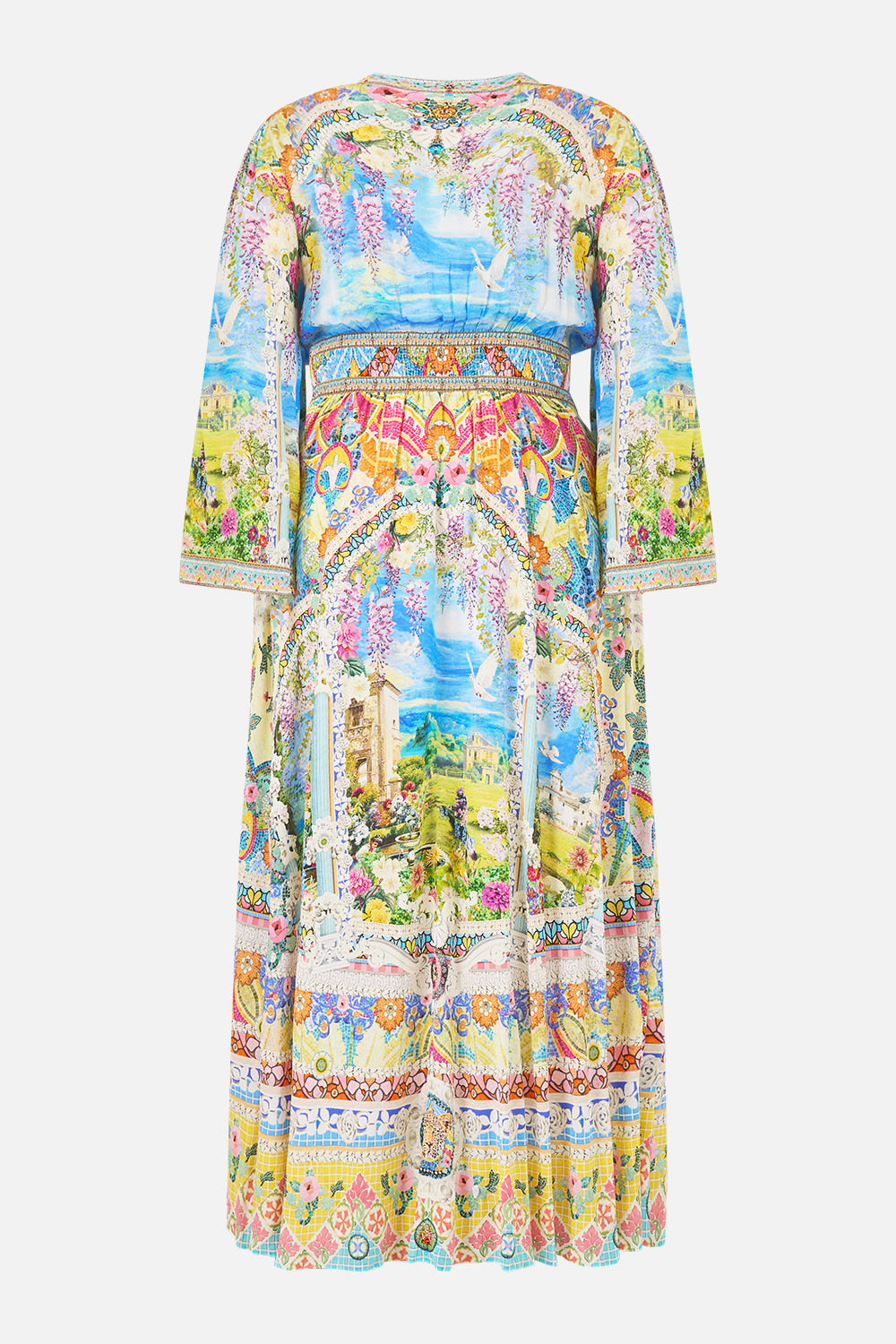 The CAMILLA kimono sleeve dress with shirring detail in our print Navàs Nouveau.