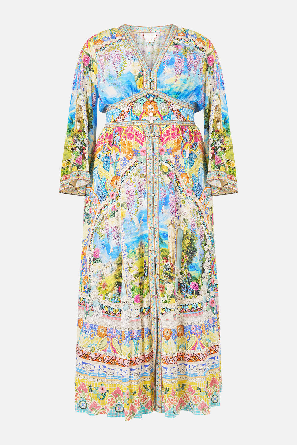 The CAMILLA kimono sleeve dress with shirring detail in our print Navàs Nouveau.