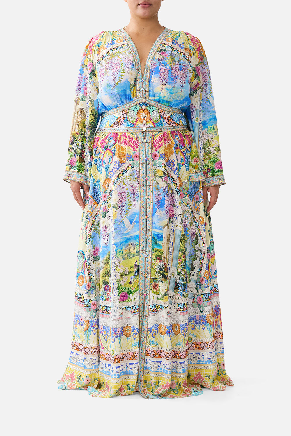The CAMILLA kimono sleeve dress with shirring detail in our print Navàs Nouveau.
