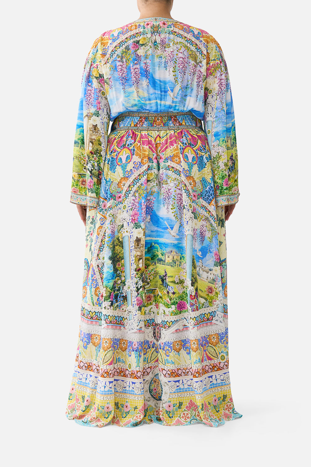 The CAMILLA kimono sleeve dress with shirring detail in our print Navàs Nouveau.