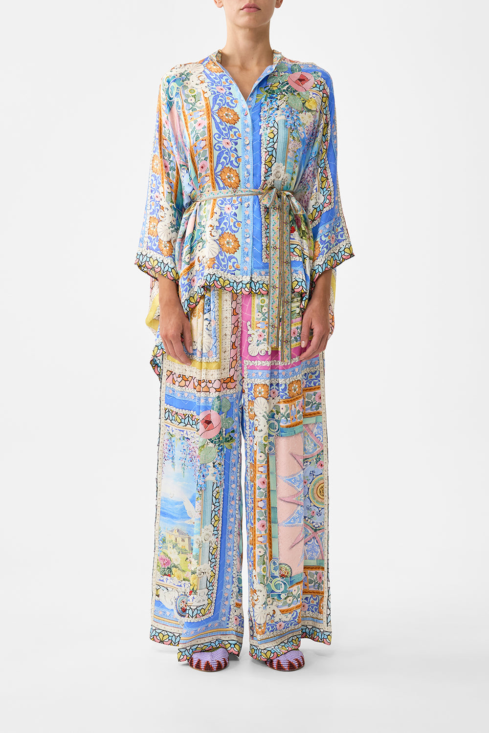 The CAMILLA tuck front pant in our print Navàs Nouveau. Front model view.