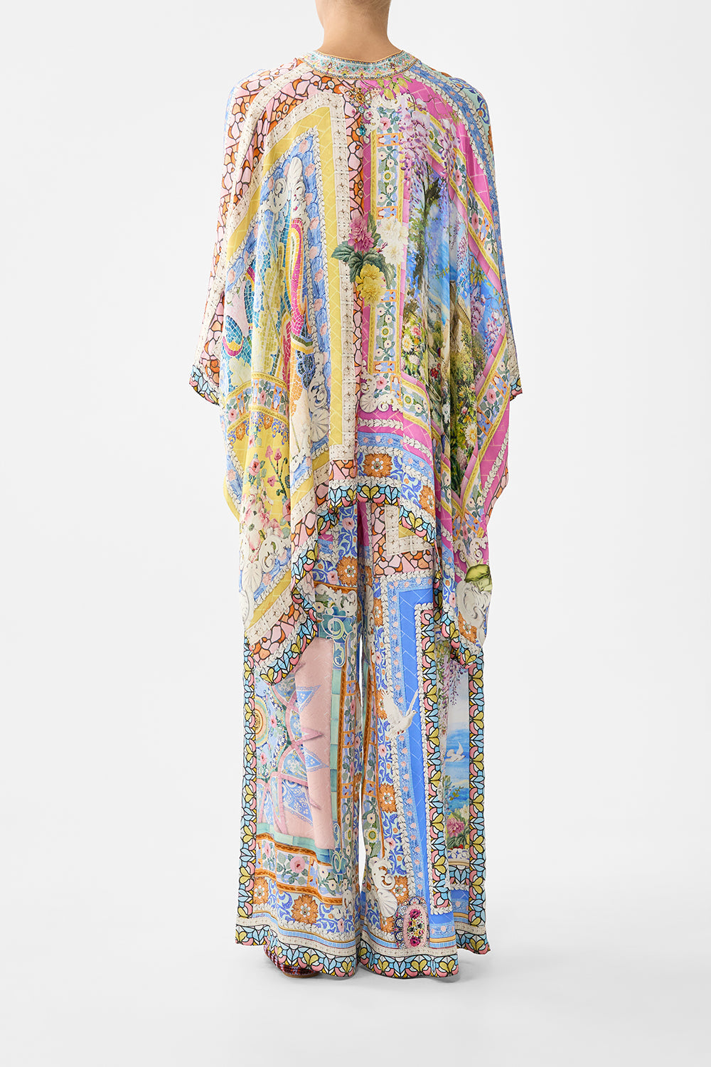 The CAMILLA tuck front pant in our print Navàs Nouveau. Back model view.