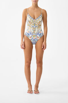 V NECK ONE PIECE WITH LACE UP TIE BACK THE POTTERY PARLOUR