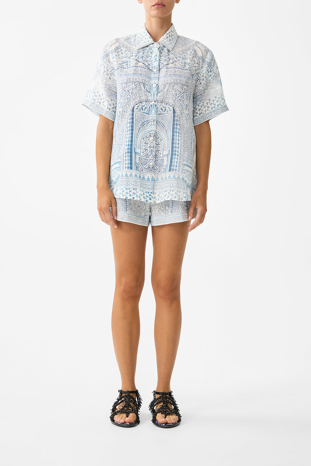 The CAMILLA BUTTON DRESS WITH SHAPED WAISTBAND FLAMENCO EUPHORIA in our  print.
