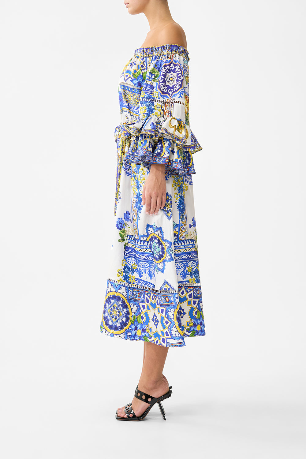 The CAMILLA TIE WAIST LONG SLEEVE DRESS THE SAPPHIRE SERPENT in our  print.