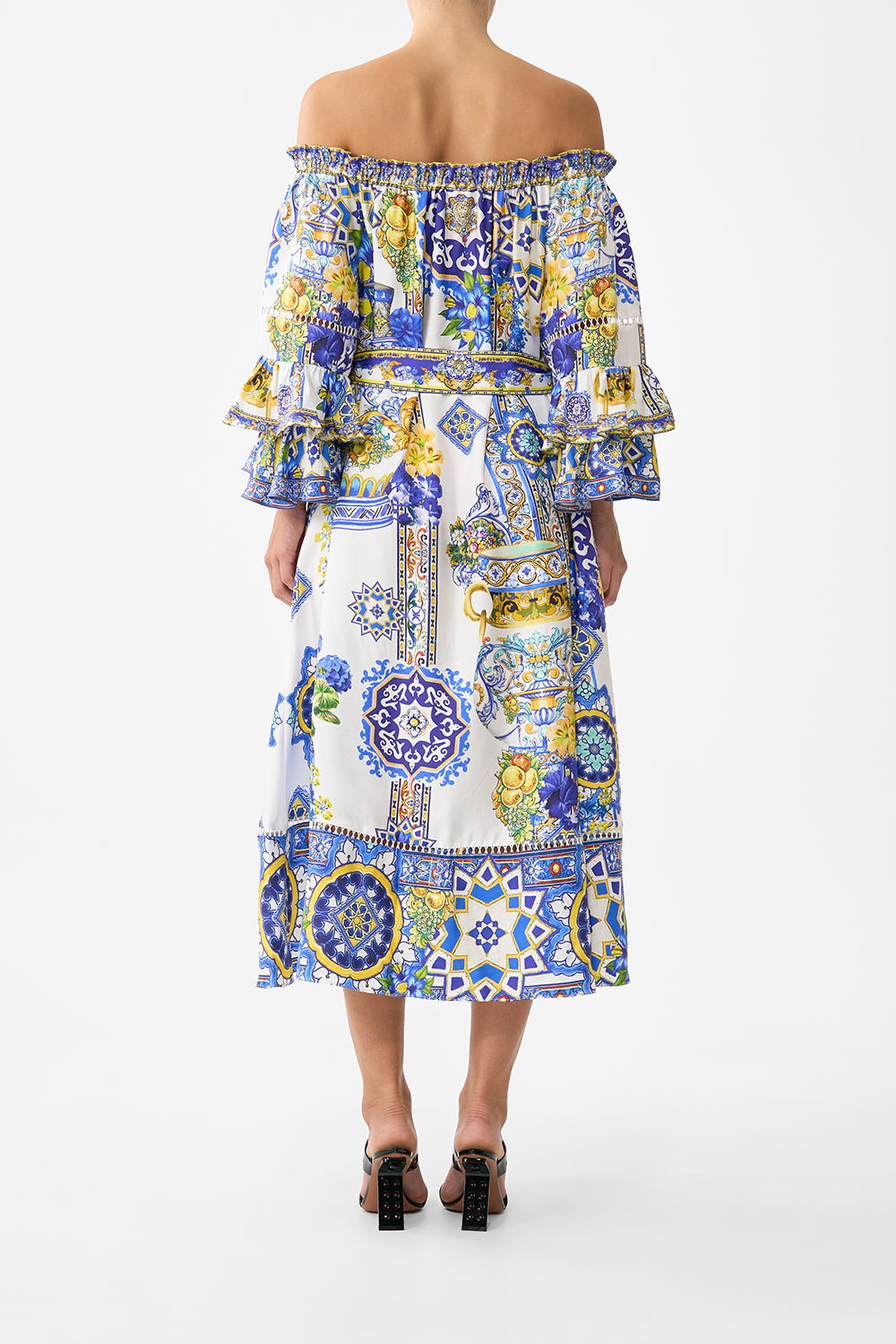 The CAMILLA TIE WAIST LONG SLEEVE DRESS THE SAPPHIRE SERPENT in our THE SAPPHIRE SERPENT print.