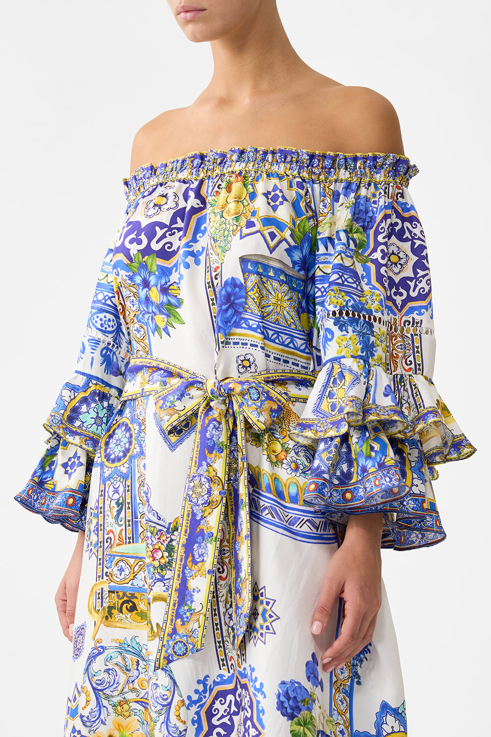 The CAMILLA off shoulder midi dress with frill sleeve in our print España Nirvana.