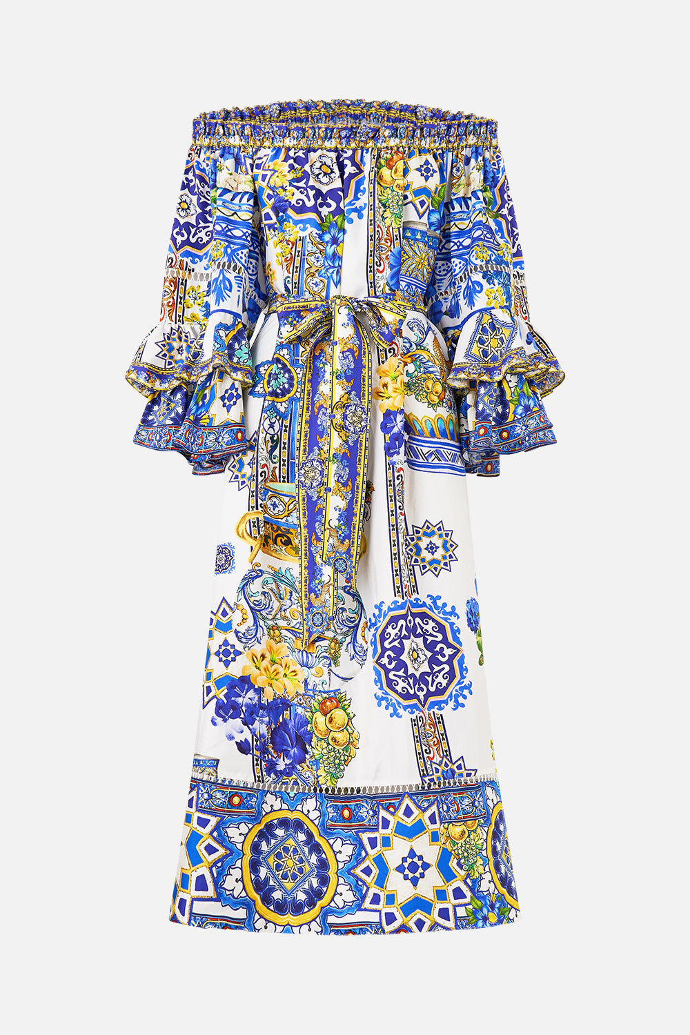 The CAMILLA off shoulder midi dress with frill sleeve in our print España Nirvana. Front view.