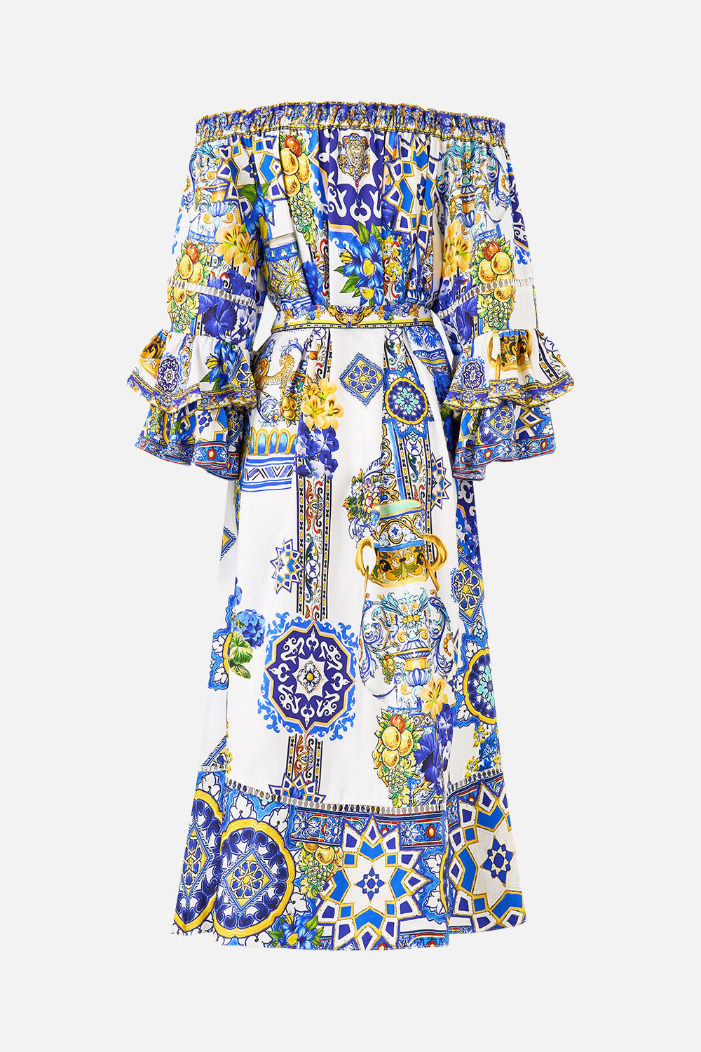 The CAMILLA TIE WAIST LONG SLEEVE DRESS THE SAPPHIRE SERPENT in our  print.