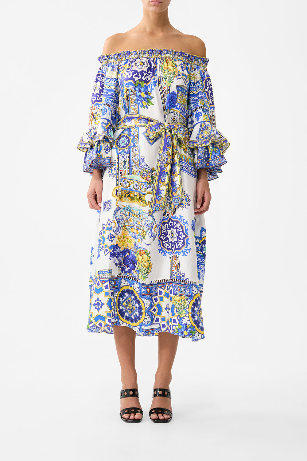 The CAMILLA off shoulder midi dress with frill sleeve in our print España Nirvana. Front model view.