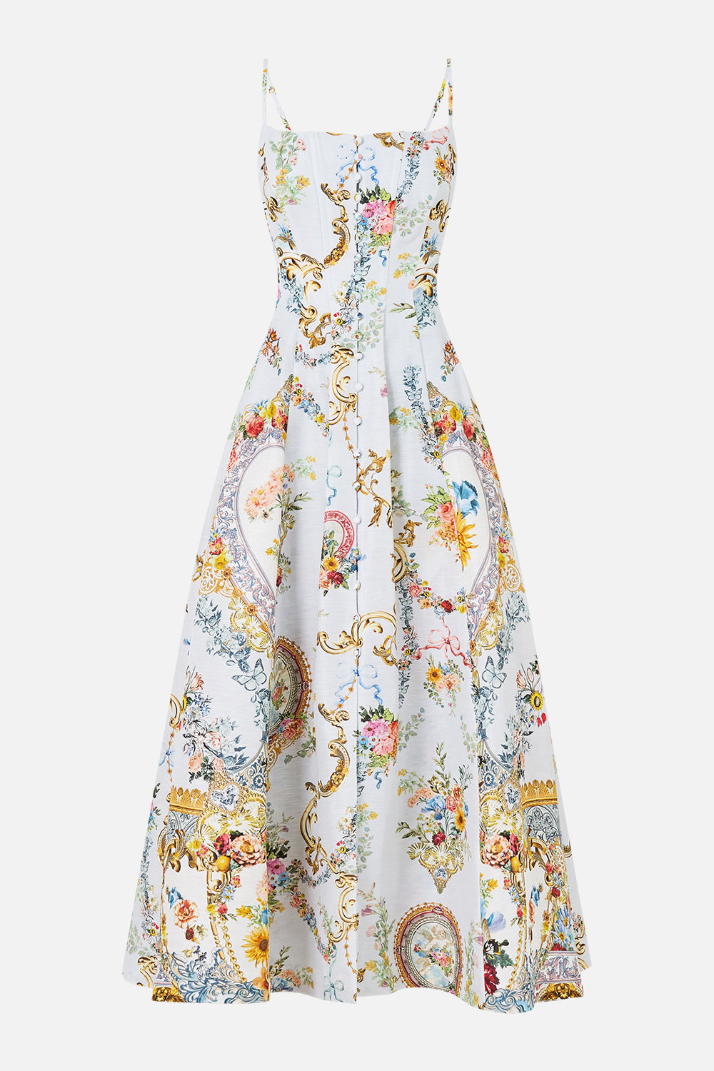 The CAMILLA TIE FRONT SHIRT WITH SLEEVE FRILL MAGIC OF THE MERCADO in our  print.