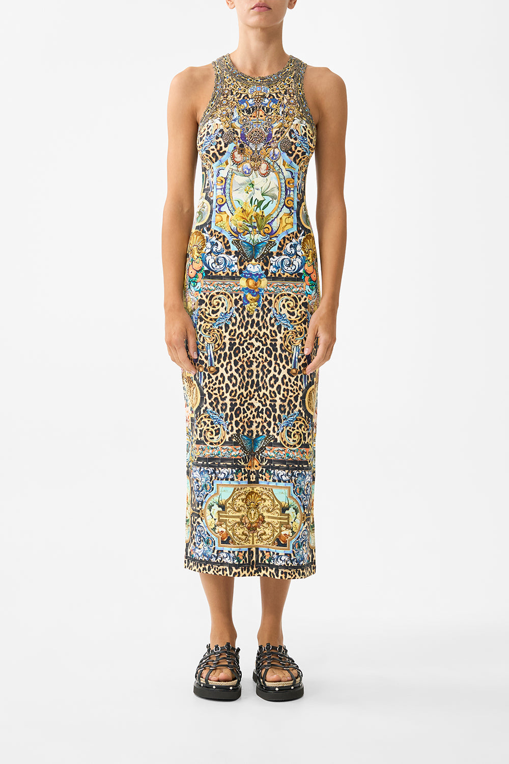 The CAMILLA SHIRRED WAIST LONG DRESS FLAMENCO EUPHORIA in our  print.
