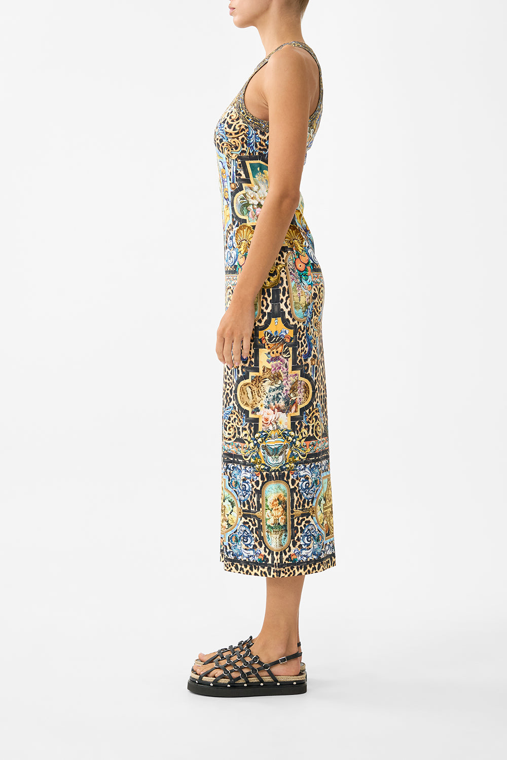 The CAMILLA SHIRRED WAIST LONG DRESS FLAMENCO EUPHORIA in our  print.