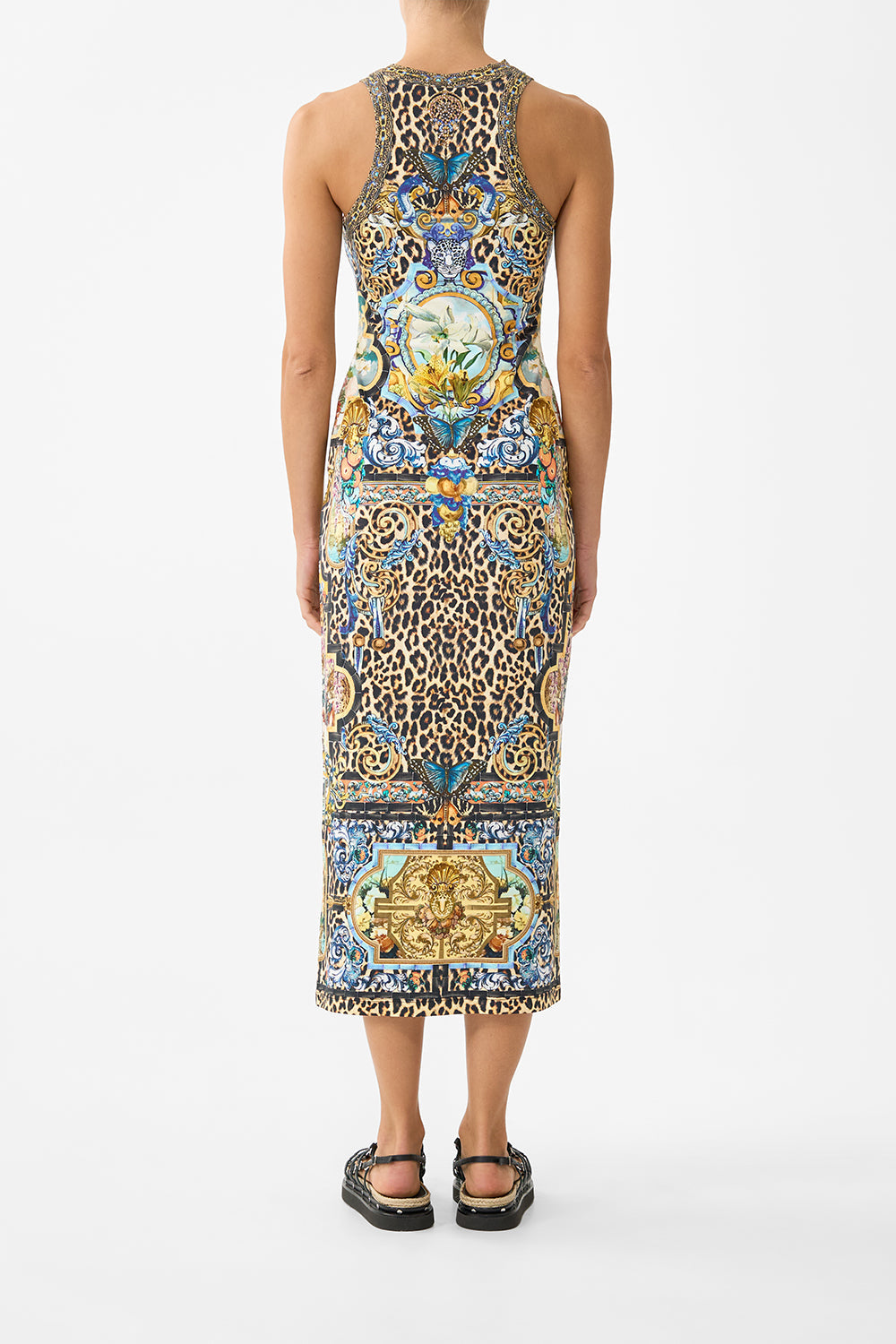 The CAMILLA SHIRRED WAIST LONG DRESS FLAMENCO EUPHORIA in our  print.
