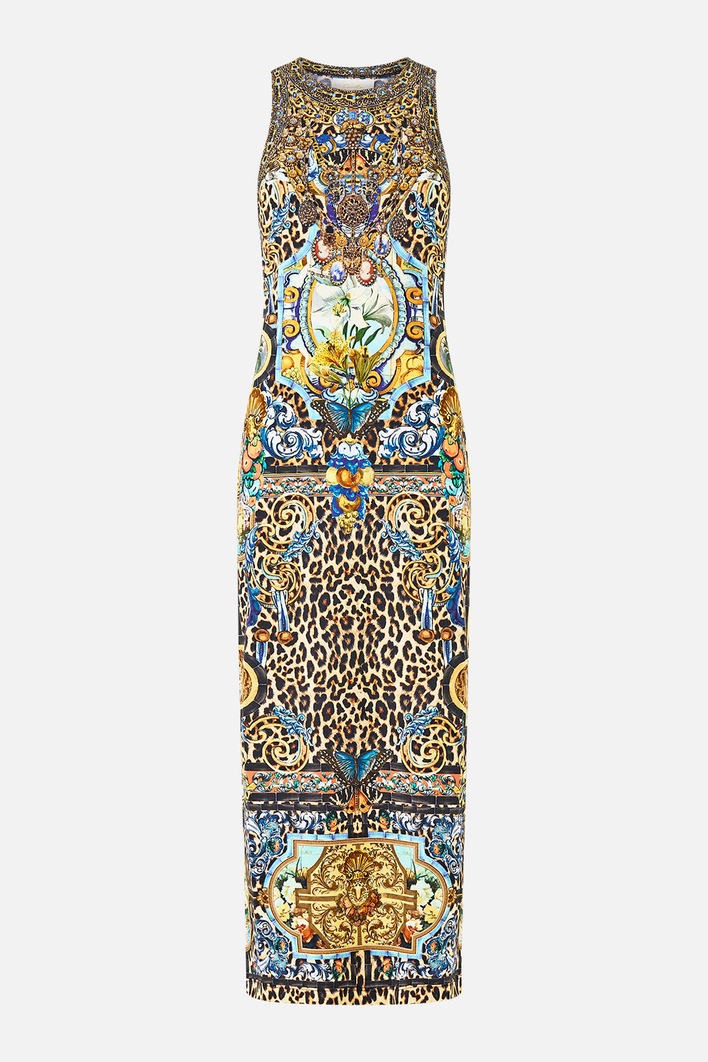 The CAMILLA SHIRRED WAIST LONG DRESS FLAMENCO EUPHORIA in our  print.