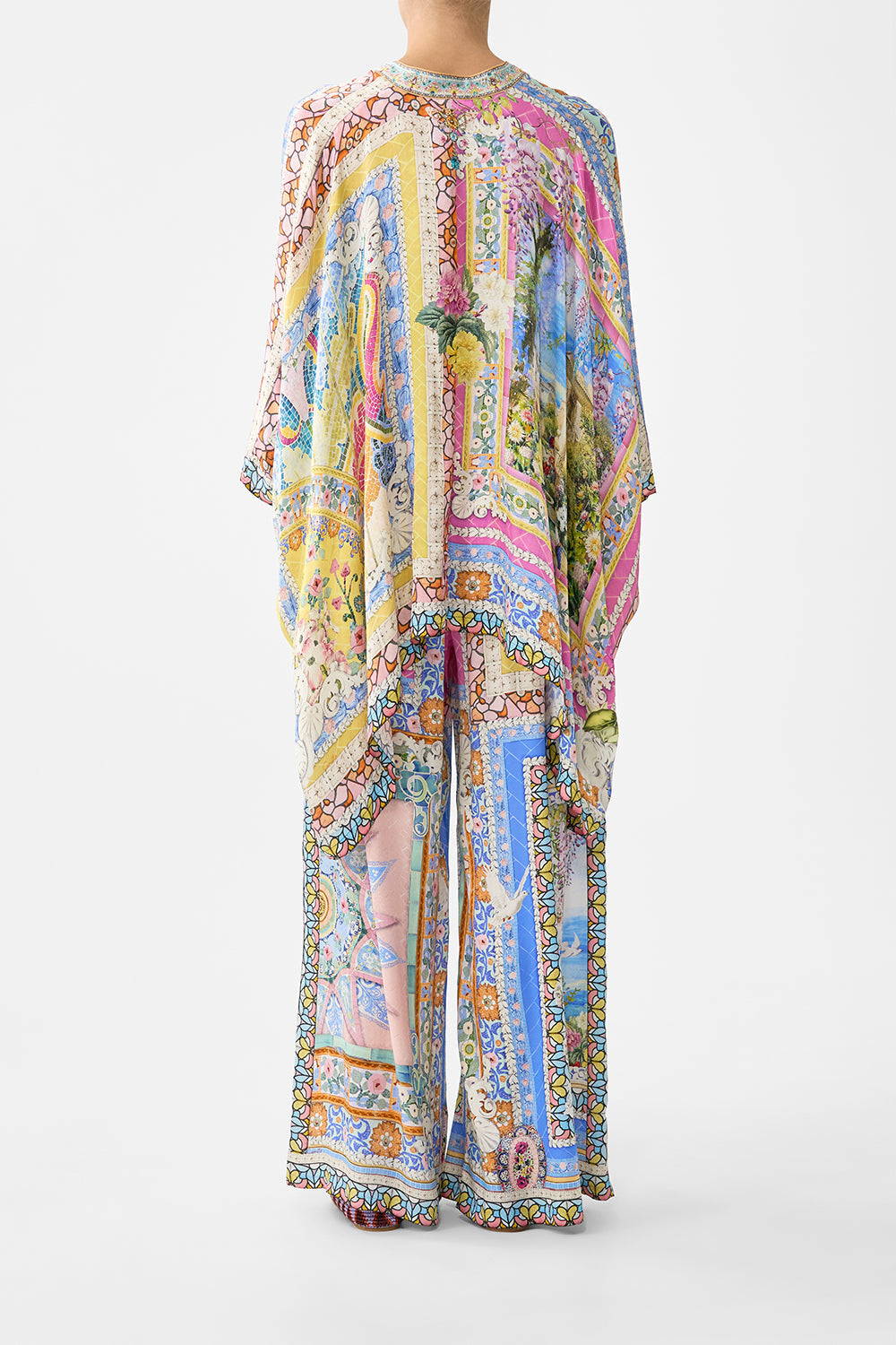 The CAMILLA button through scarf blouse in our print Navàs Nouveau. Back model view.