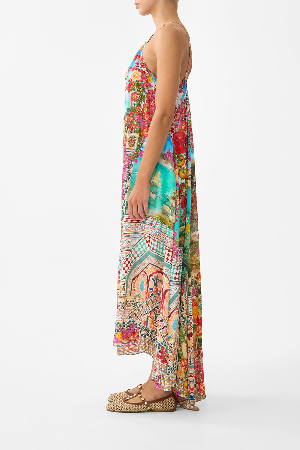 The CAMILLA LONG V NECK KAFTAN WITH RING FRONT TRIM MEET ME IN MALLORCA in our MEET ME IN MALLORCA print.