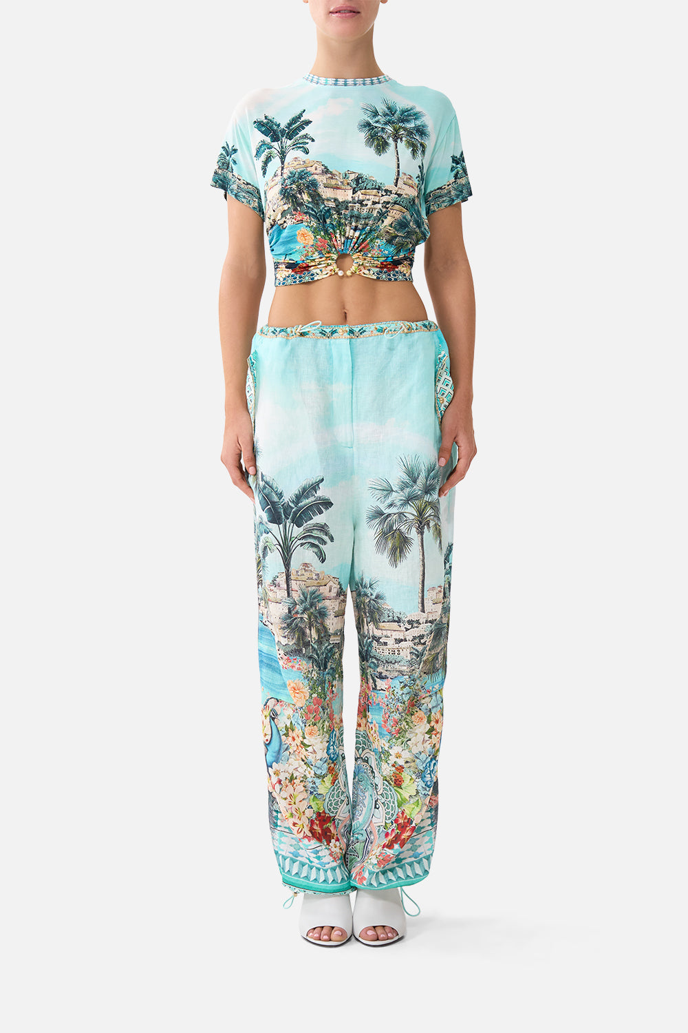 The CAMILLA KIMONO SLEEVE DRESS WITH SHIRRING DETAIL LACED WITH LOVE in our  print.