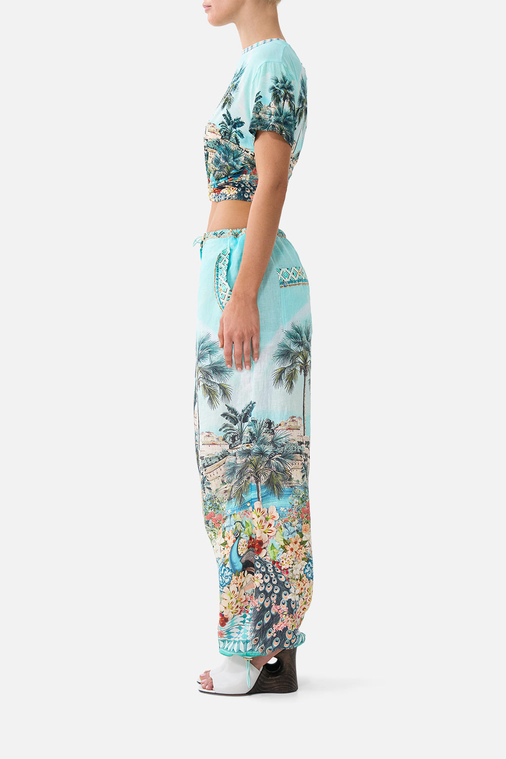 The CAMILLA KIMONO SLEEVE DRESS WITH SHIRRING DETAIL LACED WITH LOVE in our  print.