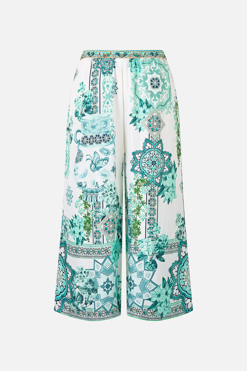 The CAMILLA FRONT PLEAT STRAPLESS JUMPSUIT CERAMIC PANORAMIC in our  print.