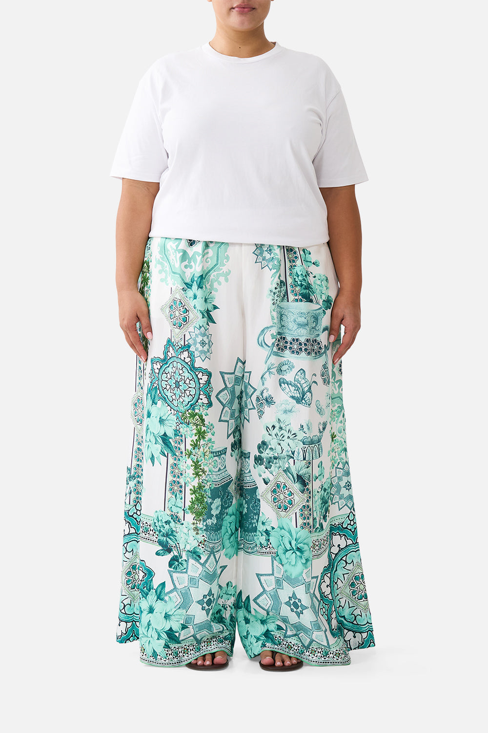 The CAMILLA lounge pant in our print Balearic Bebé. Front model view.