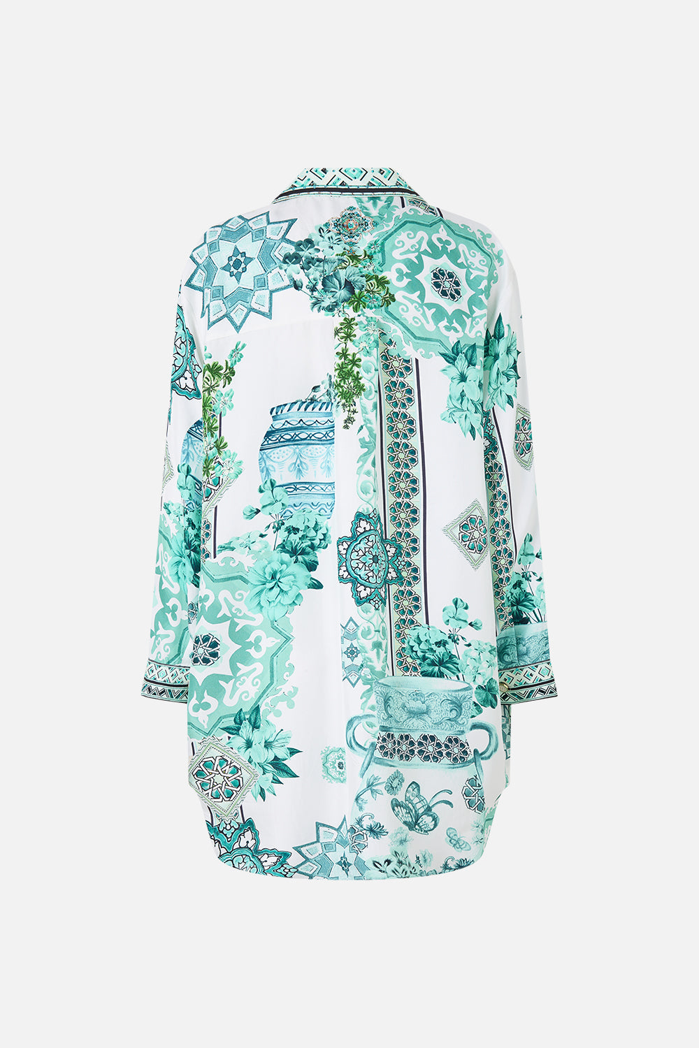 The CAMILLA COLLARED SHIRT WITH FRILL NECK DETAIL TORERO LIBERTINE in our  print.