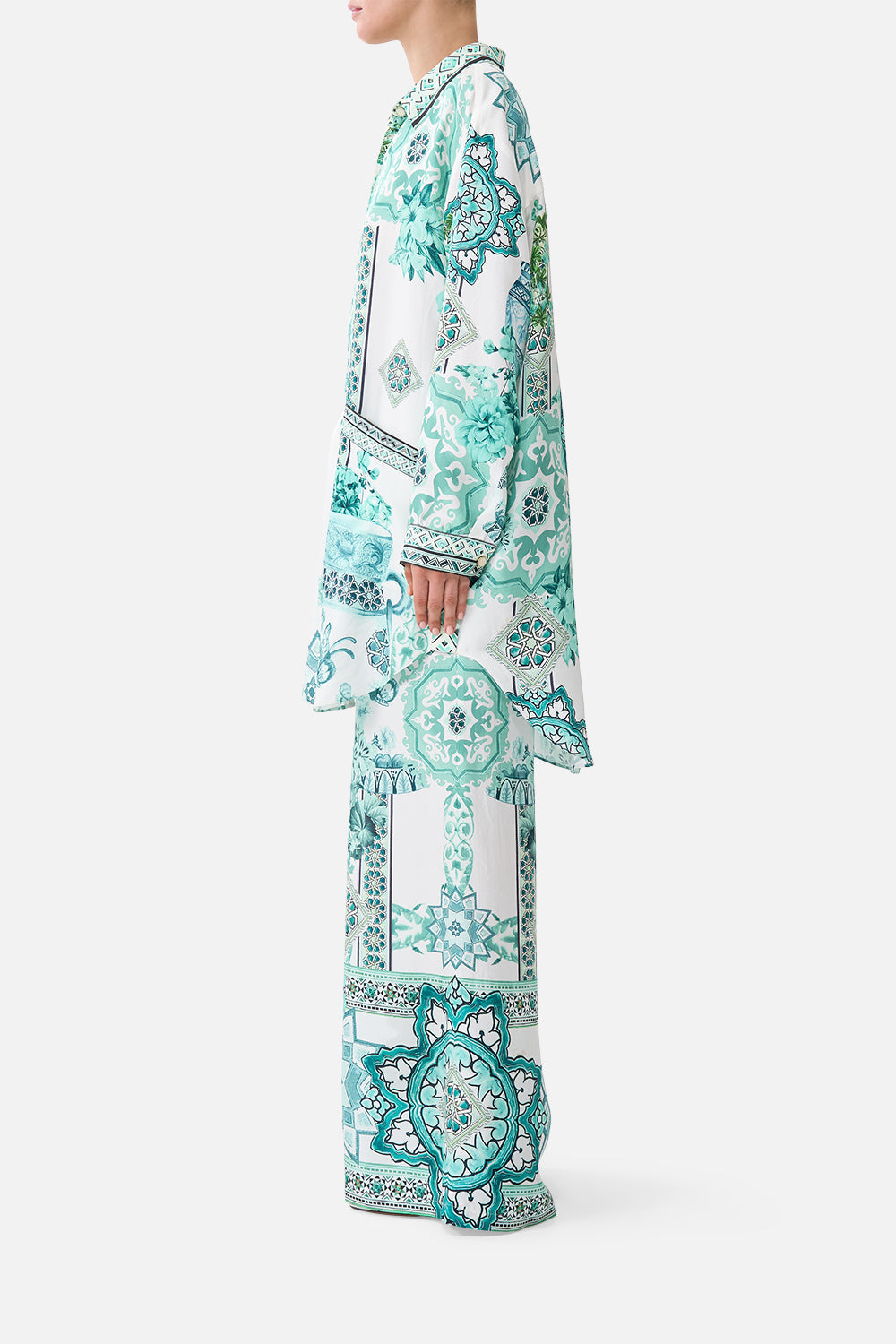 The CAMILLA COLLARED SHIRT WITH FRILL NECK DETAIL TORERO LIBERTINE in our TORERO LIBERTINE print.
