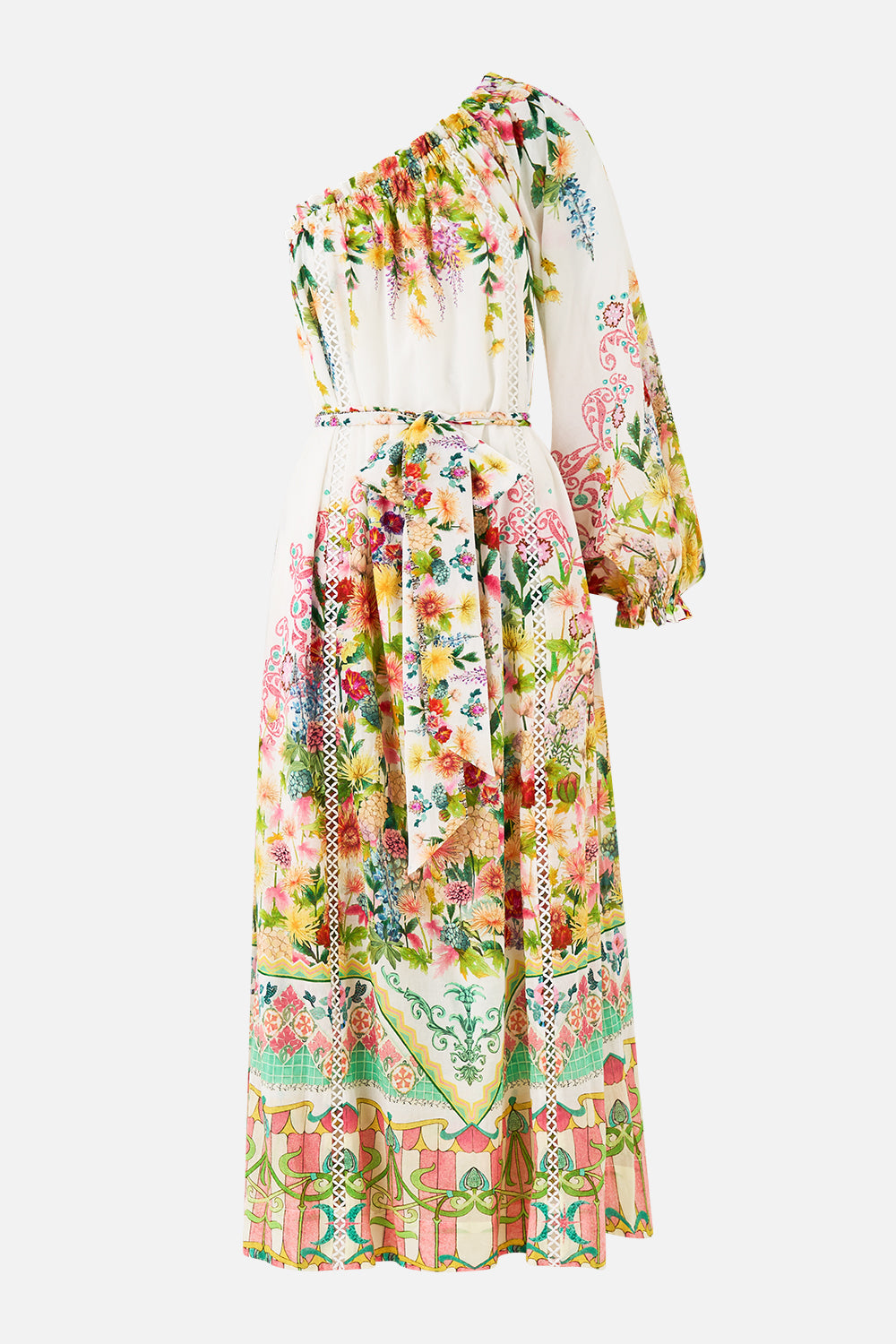 The CAMILLA one shoulder dress with blouson sleeve in our print The Call of Catalonia. Front view.