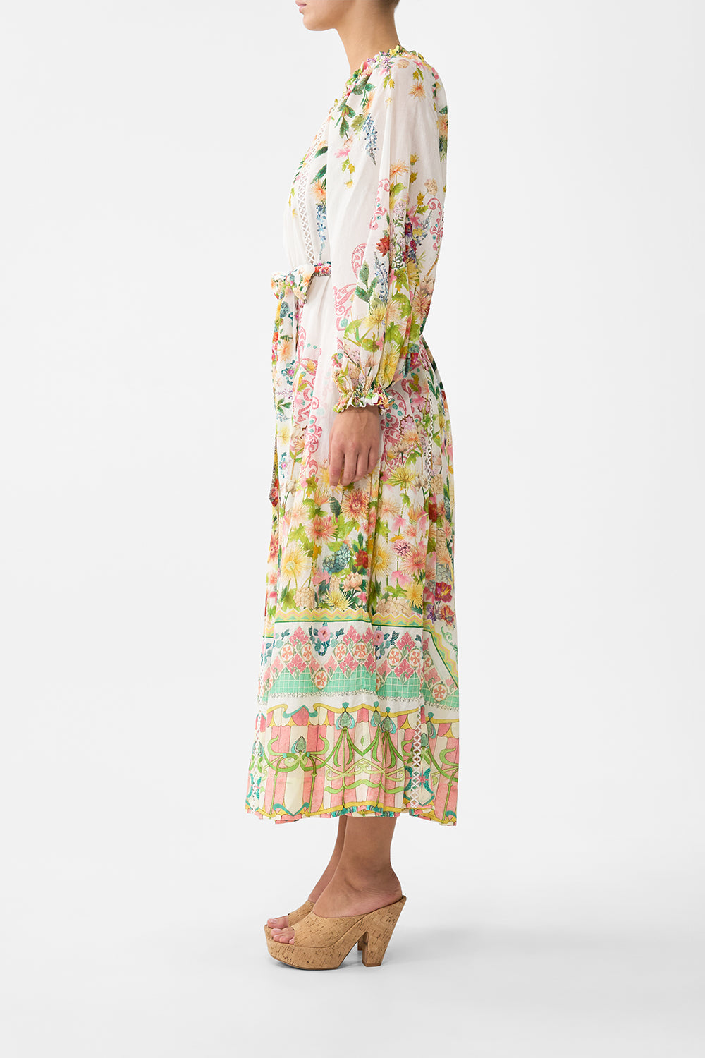 The CAMILLA one shoulder dress with blouson sleeve in our print The Call of Catalonia. Side model view.