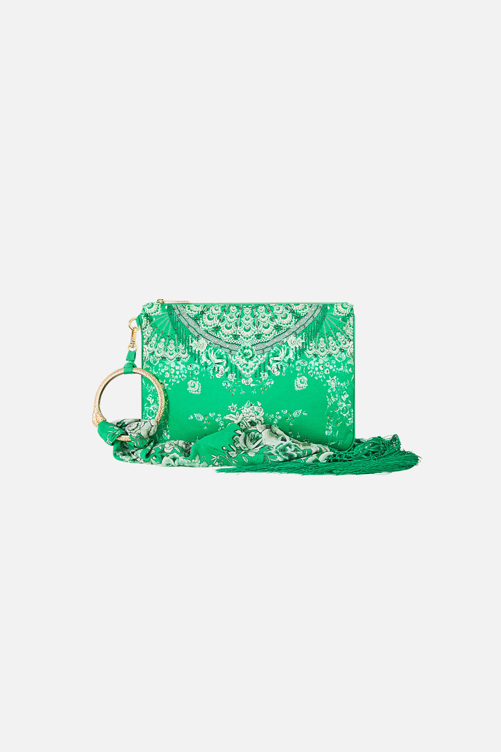 The CAMILLA ring scarf clutch in our print Sacromonte Señorita. Front view.