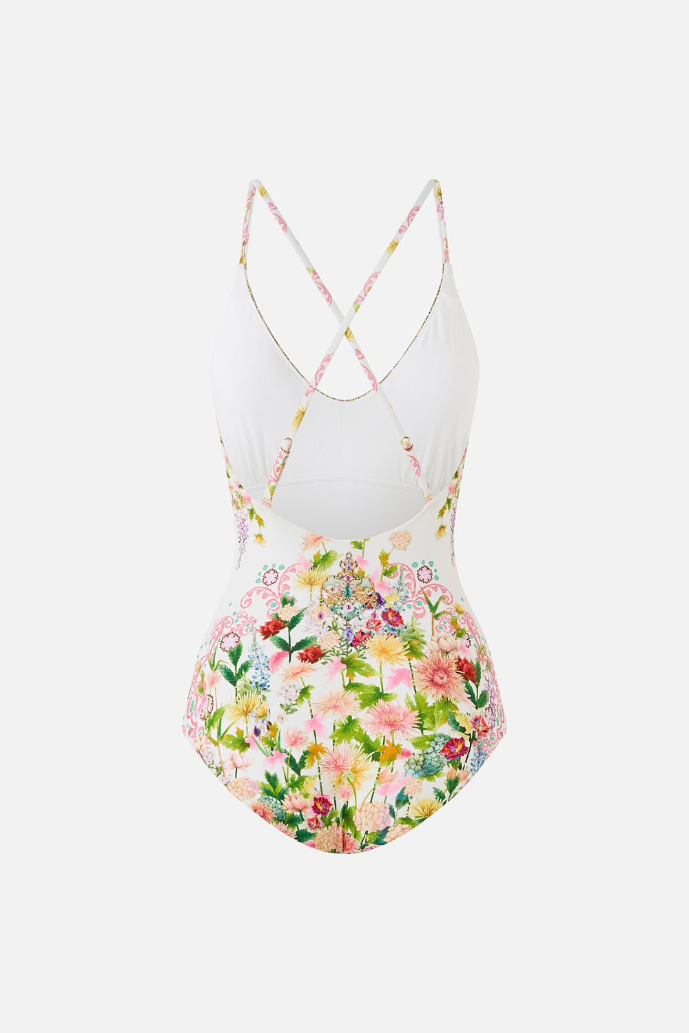 The CAMILLA scoop neck one piece with cross back straps in our print The Call of Catalonia.
