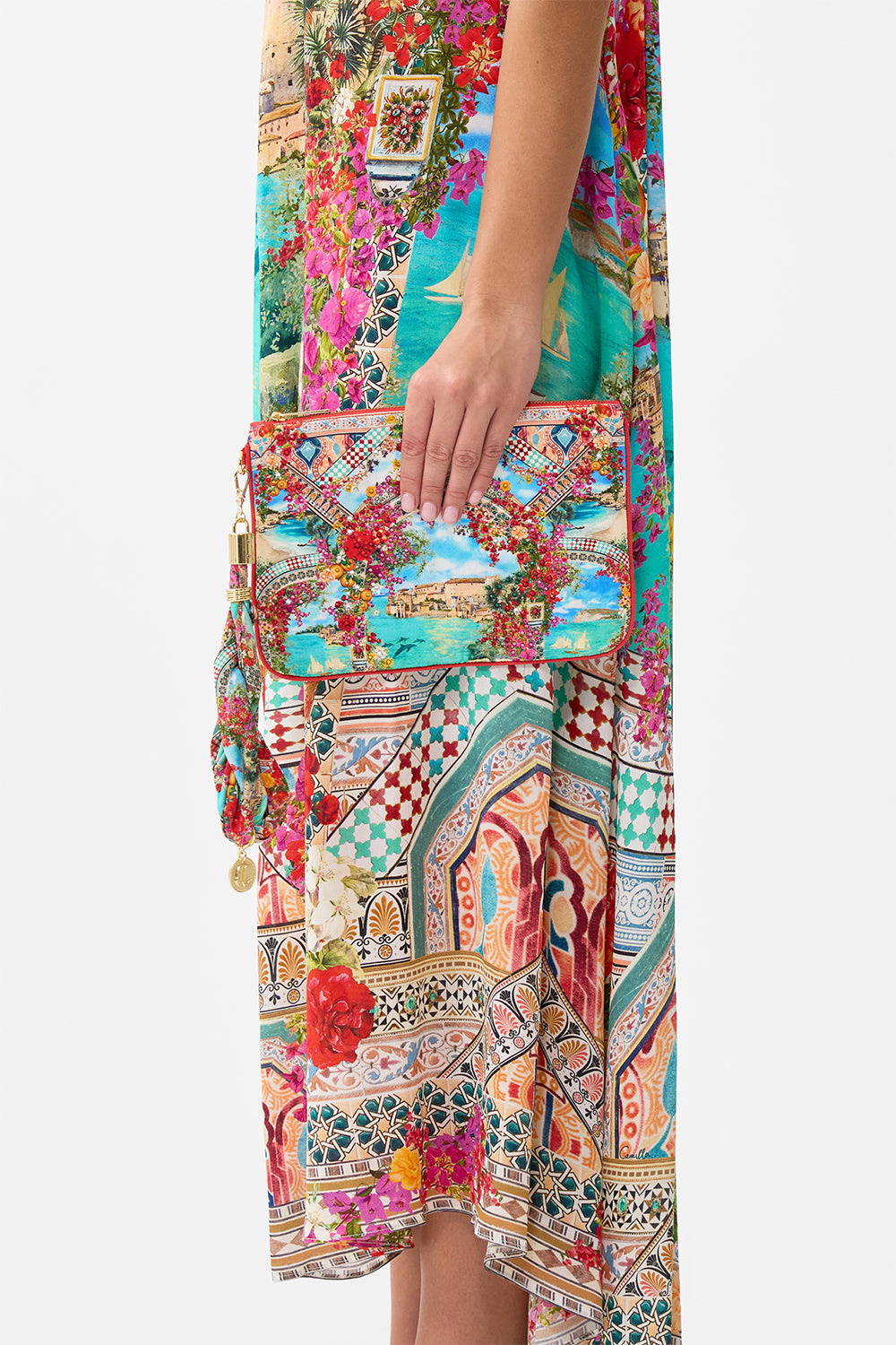 The CAMILLA V NECK LACE UP DETAIL LONG DRESS A TASTE FOR LACE in our  print.