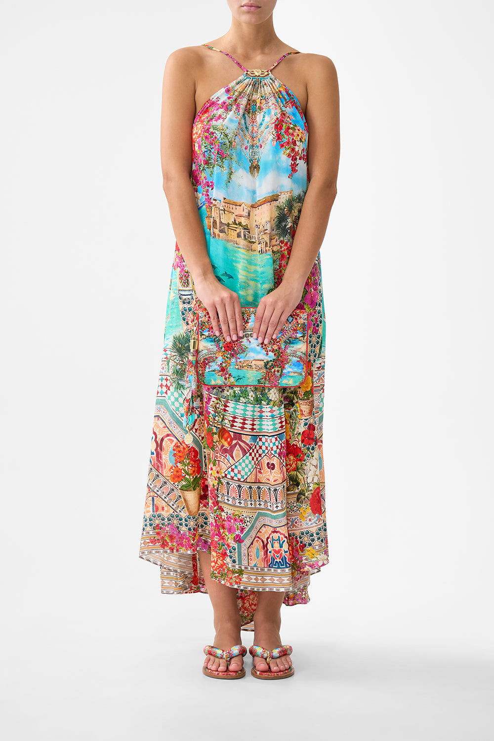 The CAMILLA V NECK LACE UP DETAIL LONG DRESS A TASTE FOR LACE in our  print.