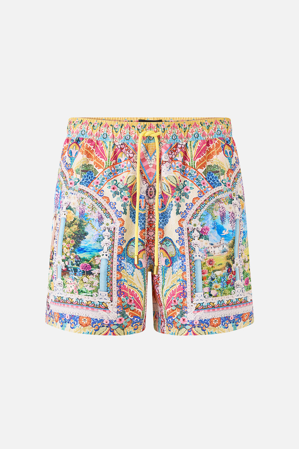 The CAMILLA MID LENGTH BOARDSHORT WITH ELASTIC WAIST VERSES IN VINTAGE in our  print.